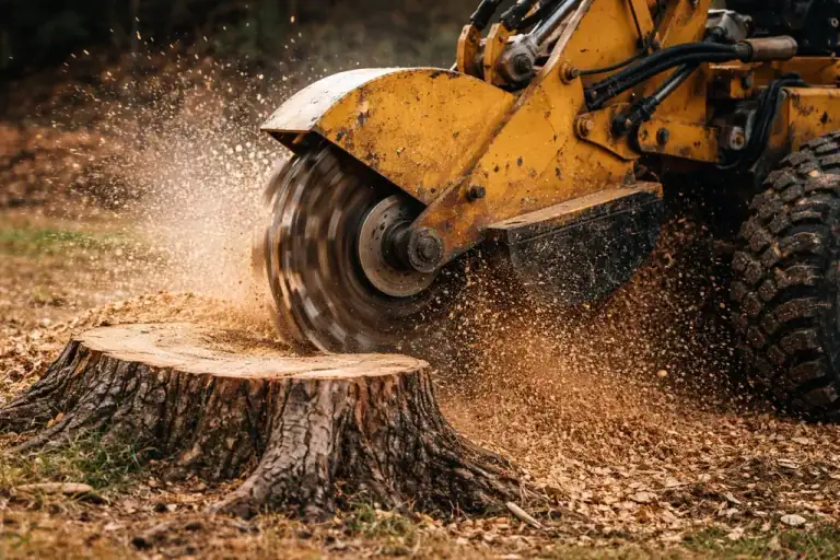 Stump grinder wheel cutting a tree stump below grade, throwing wood chips